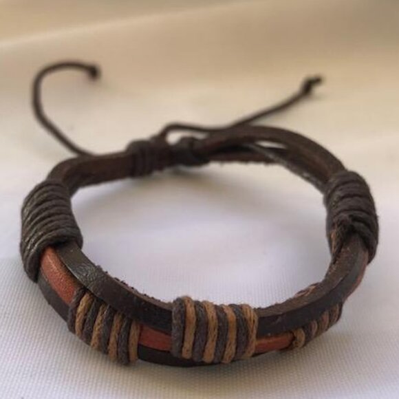 Brown & Tan wrap Braided Leather Handmade Bracelet Adjustable Wristband - Picture 1 of 2